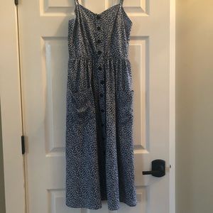 Calf length blue and white summer dress